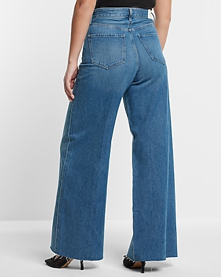 Super High Waisted Medium Wash Raw Hem Baggy Wide Leg Jeans Express