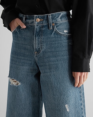 High Waisted Medium Wash Ripped Wide Leg Ankle Jeans - image 3