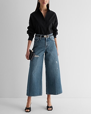 High Waisted Medium Wash Ripped Wide Leg Ankle Jeans - image 5