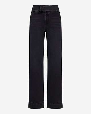 High Waisted Washed Black Tall Hem Wide Leg Jeans