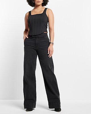 High Waisted Washed Black Tall Hem Wide Leg Jeans