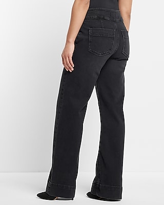 High Waisted Washed Black Tall Hem Wide Leg Jeans