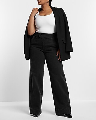 High Waisted Washed Black Tall Hem Wide Leg Jeans