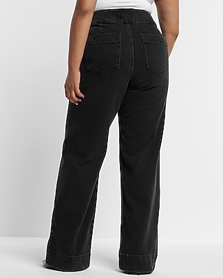 High Waisted Washed Black Tall Hem Wide Leg Jeans