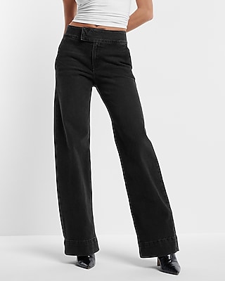 High Waisted Washed Black Tall Hem Wide Leg Jeans