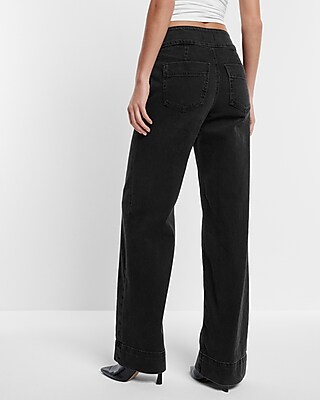 High Waisted Washed Black Tall Hem Wide Leg Jeans