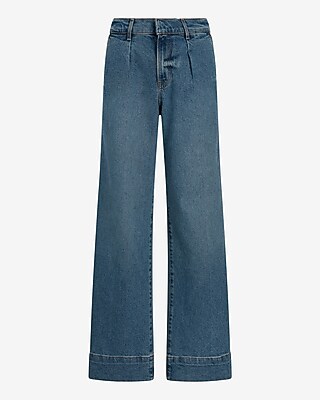 High Waisted Medium Wash Pleated Wide Leg Jeans