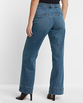 High Waisted Medium Wash Pleated Wide Leg Jeans