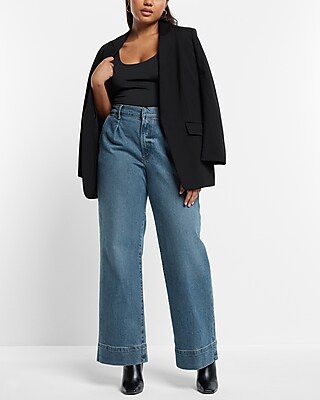 High Waisted Medium Wash Pleated Wide Leg Jeans