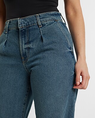 High Waisted Medium Wash Pleated Wide Leg Jeans