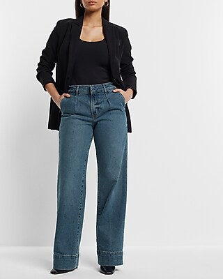High Waisted Medium Wash Pleated Wide Leg Jeans