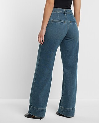 High Waisted Medium Wash Pleated Wide Leg Jeans