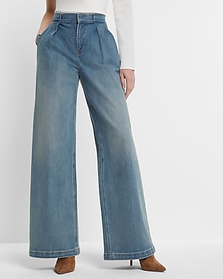 Super High Waisted Baggy Pleated Wide Leg Jeans