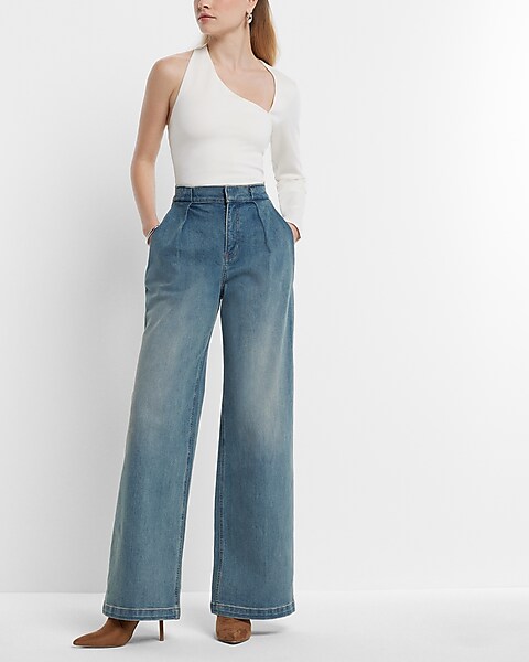 Super High Waisted Baggy Pleated Wide Leg Jeans | Express
