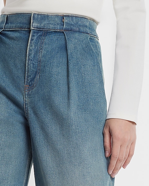 Super High Waisted Baggy Pleated Wide Leg Jeans