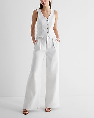 Super High Waisted White Baggy Pleated Wide Leg Jeans