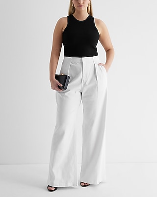 Super High Waisted White Baggy Pleated Wide Leg Jeans