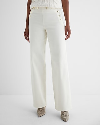 High waist wide leg pants with gold button accents in white