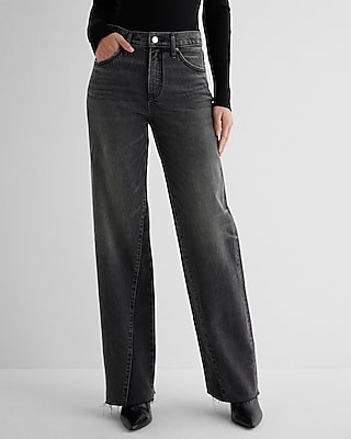 High Waisted Black Coated Raw Split Hem Modern Straight Jeans