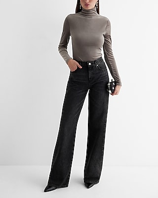 High Waisted Washed Black Raw Hem Wide Leg Jeans