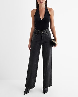 High Waisted Washed Black Raw Hem Wide Leg Jeans