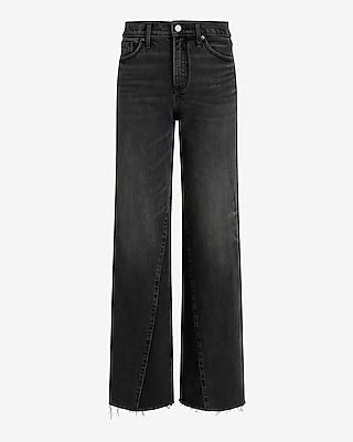 High Waisted Washed Black Raw Hem Wide Leg Jeans