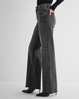 High Waisted Washed Black Raw Hem Wide Leg Jeans