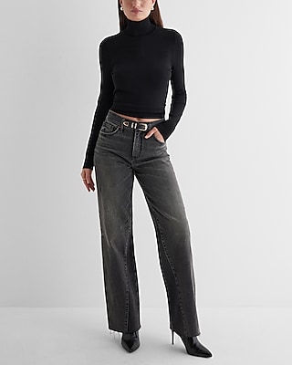 High Waisted Washed Black Raw Hem Wide Leg Jeans