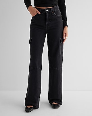 High Waisted Washed Black Raw Hem Wide Leg Cargo Jeans
