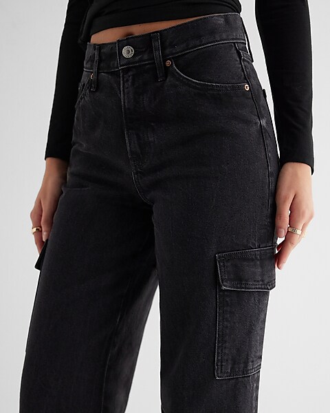 Lily High Rise Distressed Cargo Jeans - Black