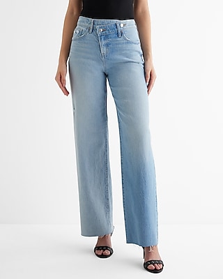 High Waisted Light Wash Two-Tone Criss Cross Raw Hem Wide Leg Jeans