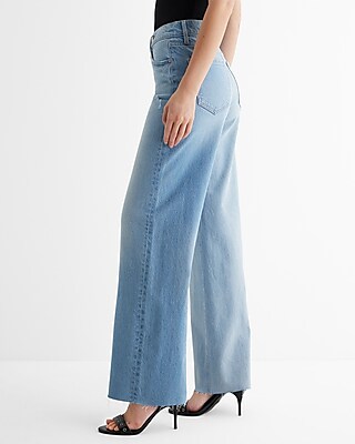 High Waisted Light Wash Two-Tone Criss Cross Raw Hem Wide Leg Jeans