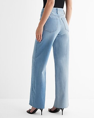 High Waisted Light Wash Two-Tone Criss Cross Raw Hem Wide Leg Jeans