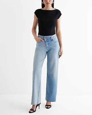 High Waisted Light Wash Two-Tone Criss Cross Raw Hem Wide Leg Jeans