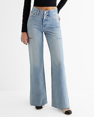 High Waisted Light Wash Raw Hem Ripped Sides Wide Leg Jeans