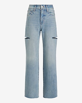 High Waisted Light Wash Raw Hem Ripped Sides Wide Leg Jeans