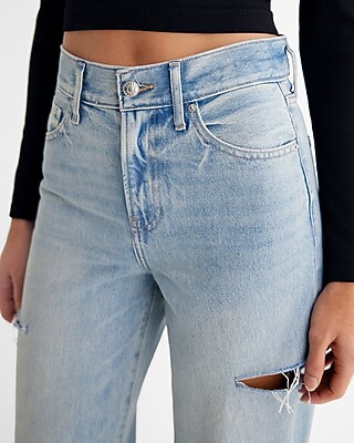 High Waisted Light Wash Raw Hem Ripped Sides Wide Leg Jeans