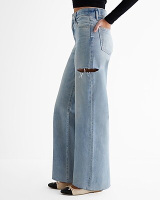 High Waisted Light Wash Raw Hem Ripped Sides Wide Leg Jeans