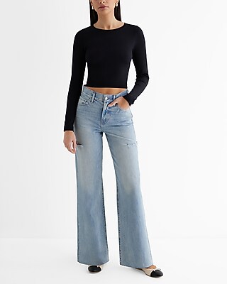 High Waisted Light Wash Raw Hem Ripped Sides Wide Leg Jeans