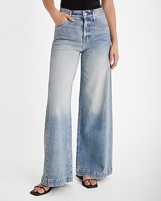 High Waisted Medium Wash Tall Snap Hem Wide Leg Jeans