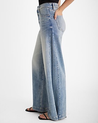 High Waisted Medium Wash Tall Snap Hem Wide Leg Jeans