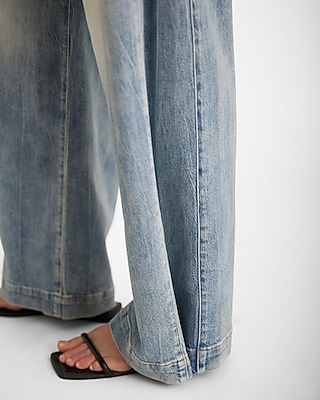 High Waisted Medium Wash Tall Snap Hem Wide Leg Jeans