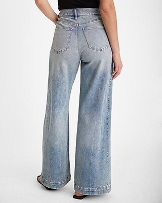 High Waisted Medium Wash Tall Snap Hem Wide Leg Jeans
