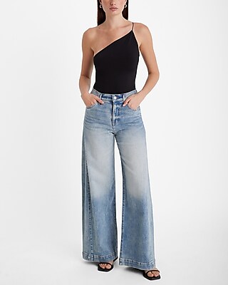 High Waisted Medium Wash Tall Snap Hem Wide Leg Jeans