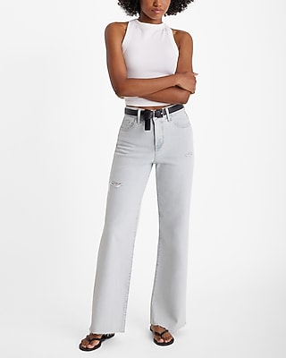 High Waisted Light Wash Ripped Raw Hem Wide Leg Jeans
