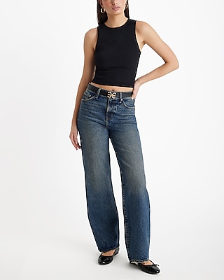 High Waisted Dark Wash 50/50 Rigid Stretch Wide Leg Jeans