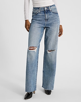 High Waisted Medium Wash 50/50 Rigid Stretch Ripped Wide Leg Jeans