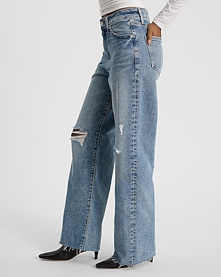 High Waisted Medium Wash 50/50 Rigid Stretch Ripped Wide Leg Jeans