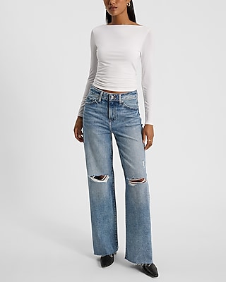 High Waisted Medium Wash 50/50 Rigid Stretch Ripped Wide Leg Jeans