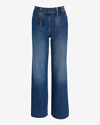 High Waisted Dark Wash Double Zipper Raw Hem Wide Leg Jeans | Express